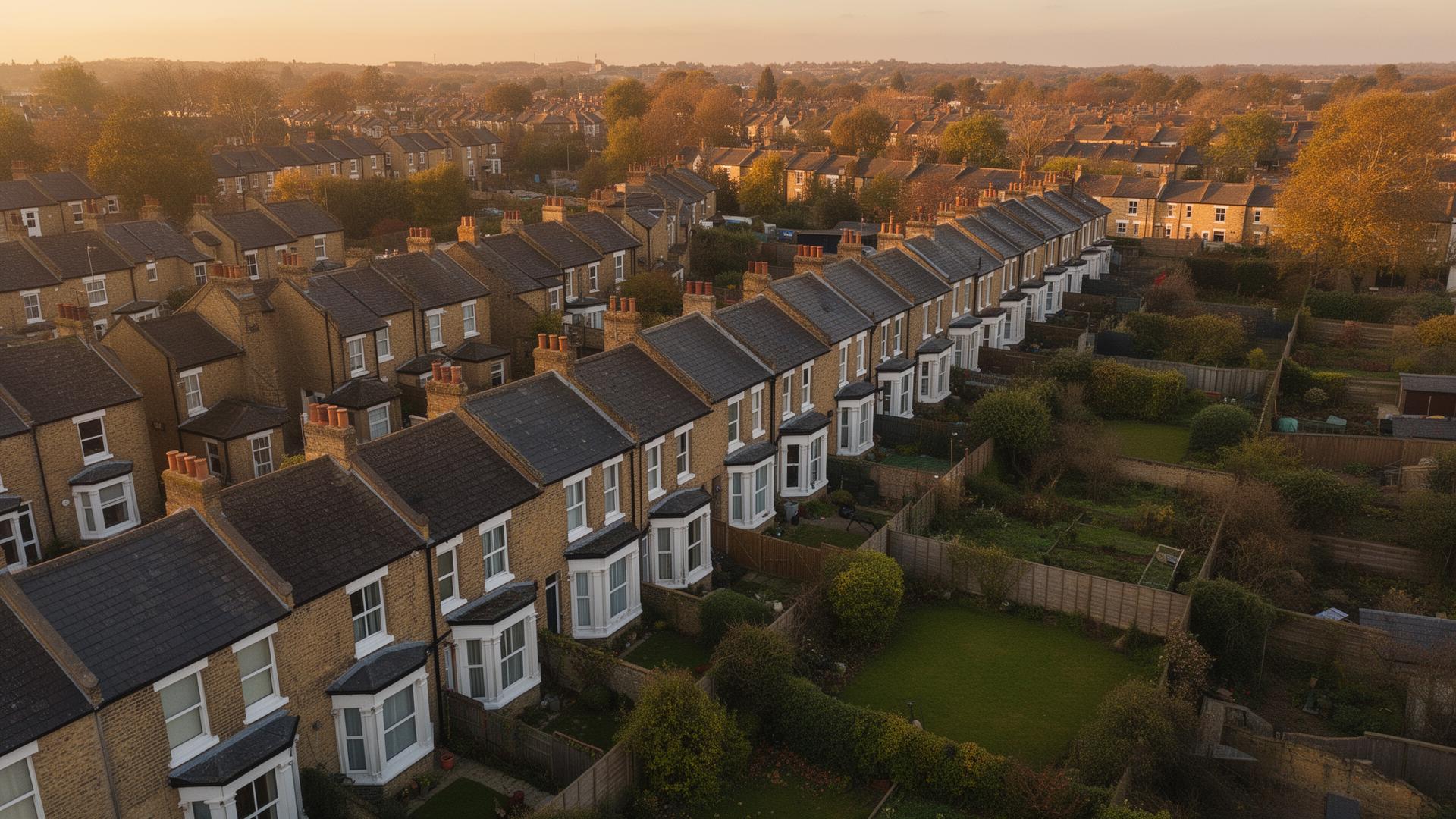 Aerial view of a UK terraced neighbourhood at golden hour