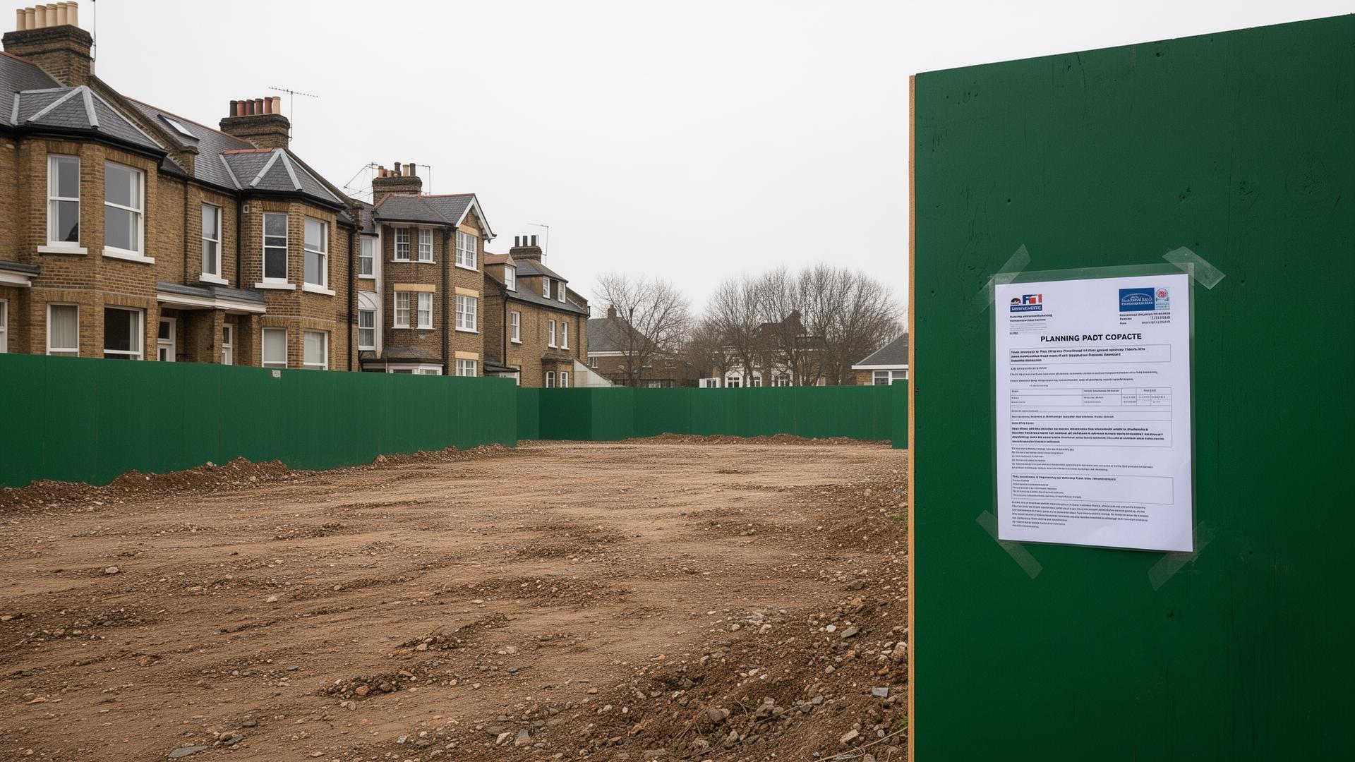 A cleared UK development site with planning notice on green hoarding